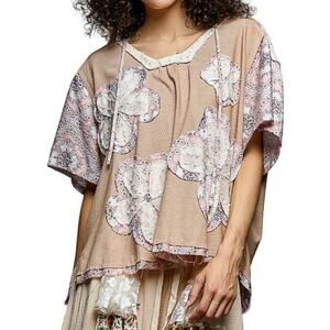 POL Daisy Floral Oversized Short Sleeve Hoodie Tan Size Small